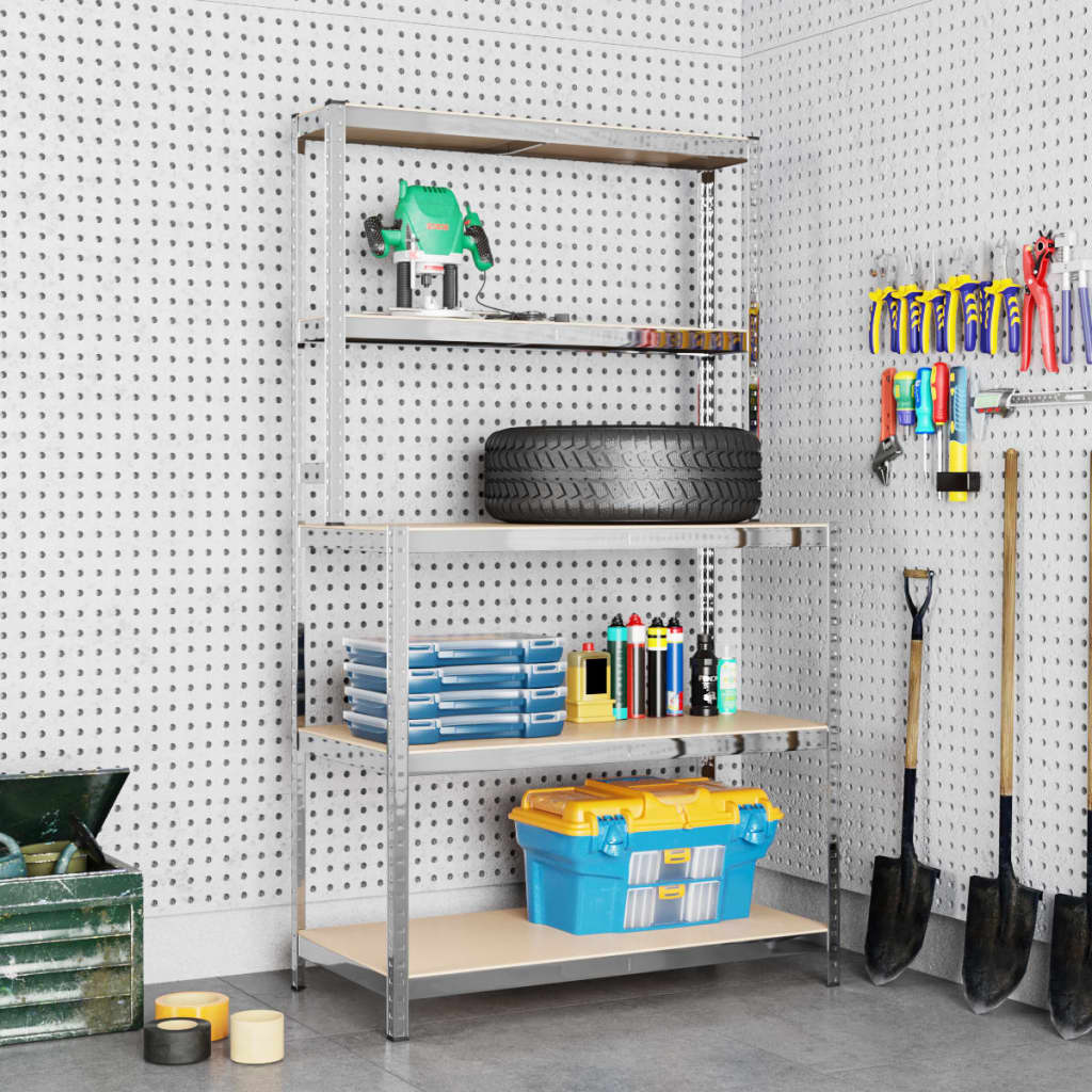 Τραπέζι Εργασίας 5 Επιπέδων με Ράφια Ασημί Ατσάλι & Επεξ. Ξύλο - PAKOBAZAAR