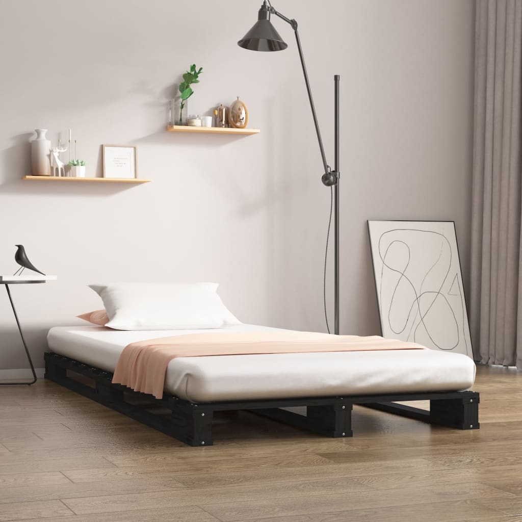 Κρεβάτι Παλέτες Μαύρο 75x190 Μασίφ Ξύλο Πεύκου Small Single - Pakobazaar