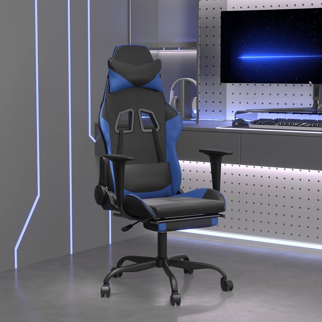 Καρέκλα Gaming Μασάζ Υποπόδιο Μαύρο & Μπλε από Συνθετικό Δέρμα