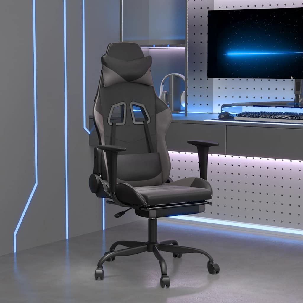 Καρέκλα Gaming Μασάζ Υποπόδιο Μαύρο&Γκρι από Συνθετικό Δέρμα