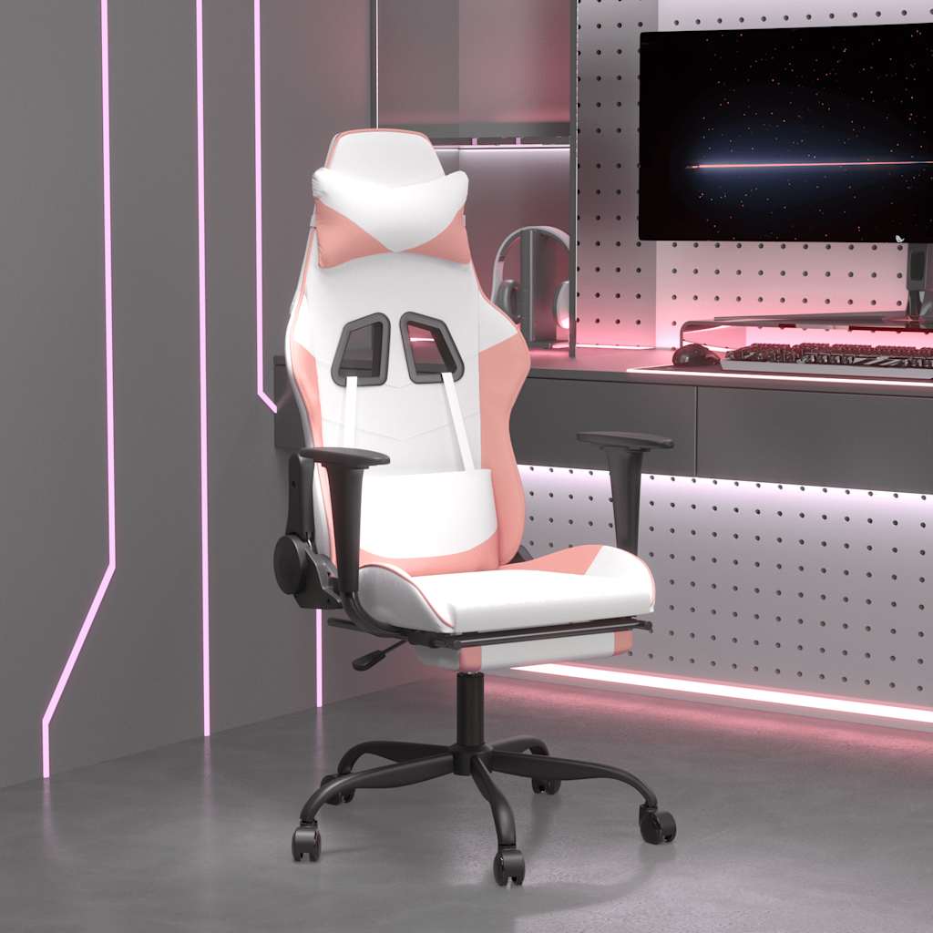 Καρέκλα Gaming Μασάζ Υποπόδιο Λευκό & Ροζ από Συνθετικό Δέρμα