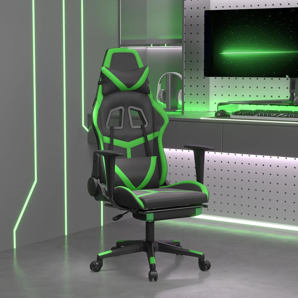 Καρέκλα Gaming Μασάζ Υποπόδιο Μαύρο/Πράσινο από Συνθετικό Δέρμα - Pakobazaar