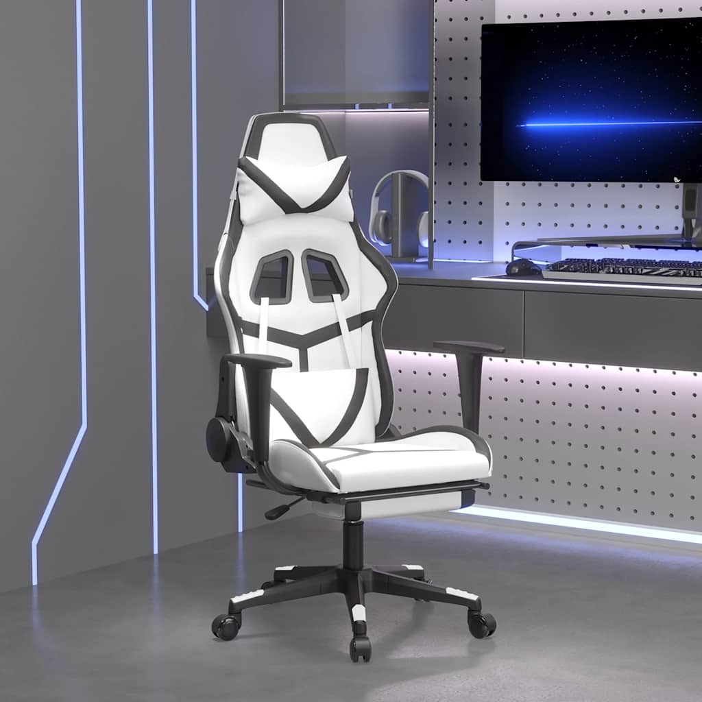Καρέκλα Gaming Μασάζ Υποπόδιο Λευκό & Μαύρο από Συνθετικό Δέρμα