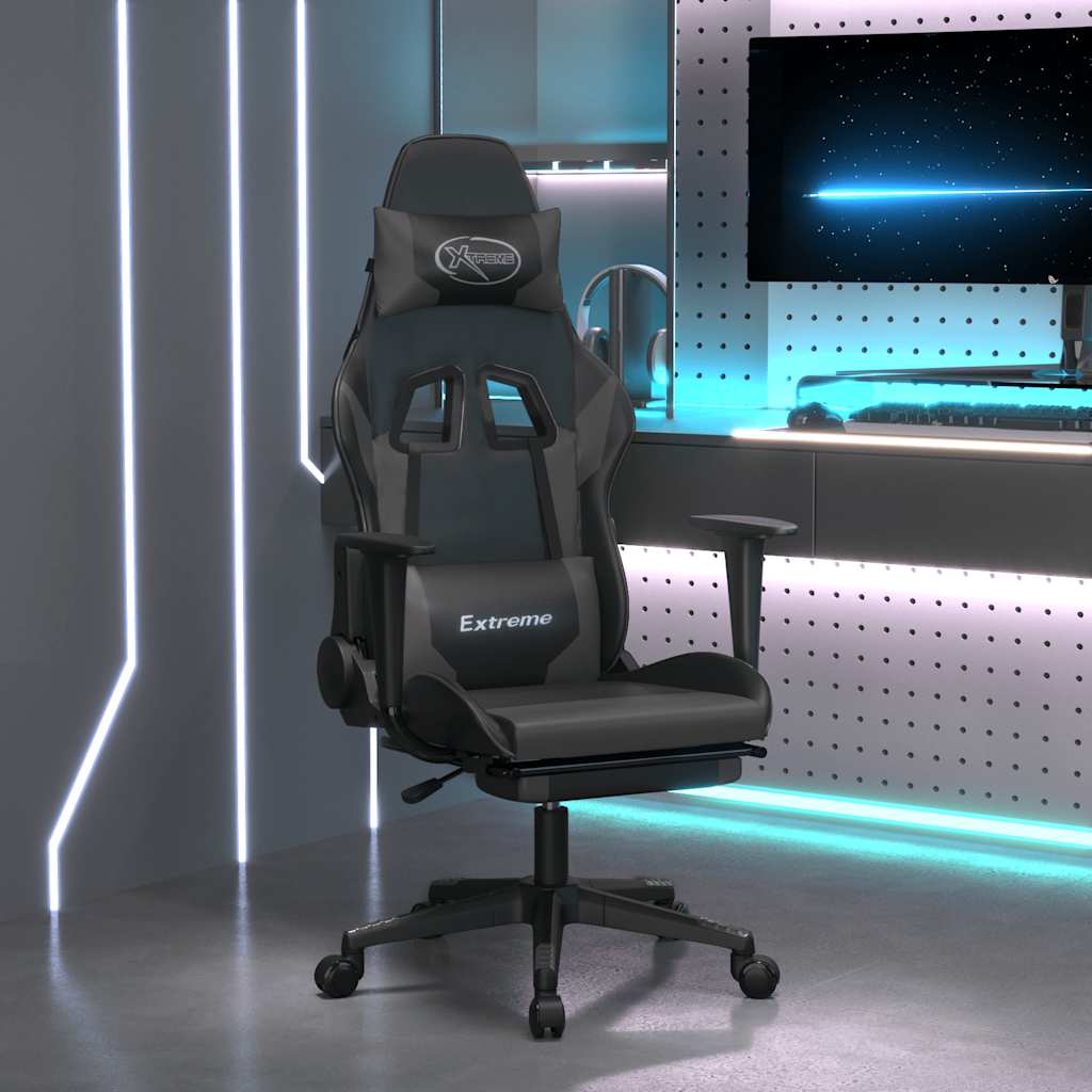 Καρέκλα Gaming Μασάζ Υποπόδιο Μαύρο&Γκρι από Συνθετικό Δέρμα