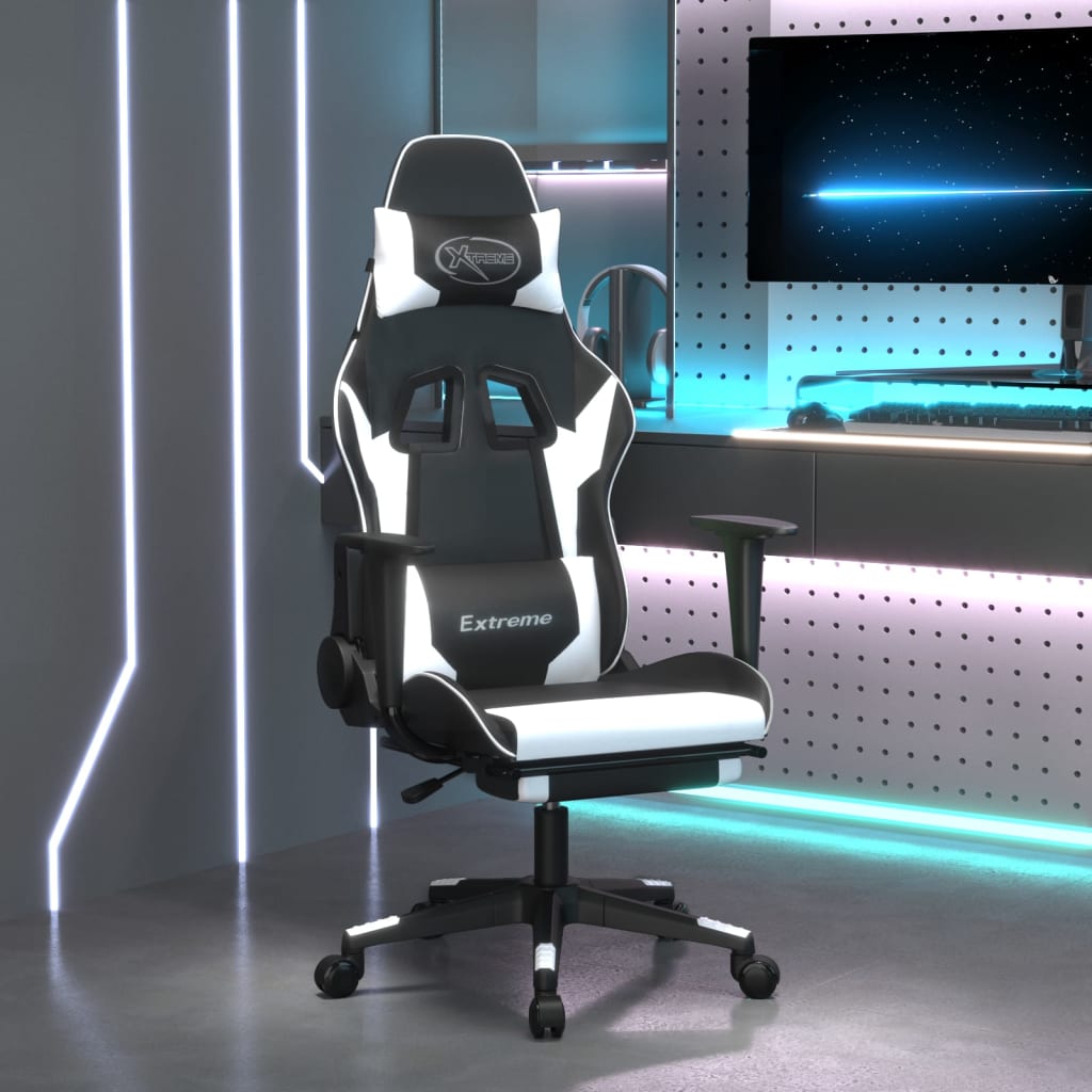 Καρέκλα Gaming Μασάζ Υποπόδιο Μαύρο άσπρο από Συνθετικό Δέρμα - Pakobazaar