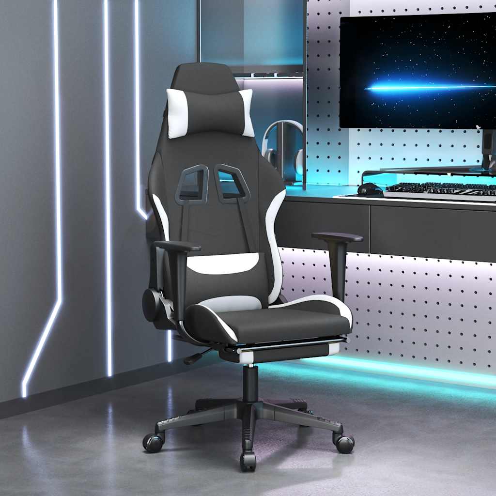 Καρέκλα Μασάζ Gaming Μαύρη/Λευκή Ύφασμα με Υποπόδιο - Pakobazaar