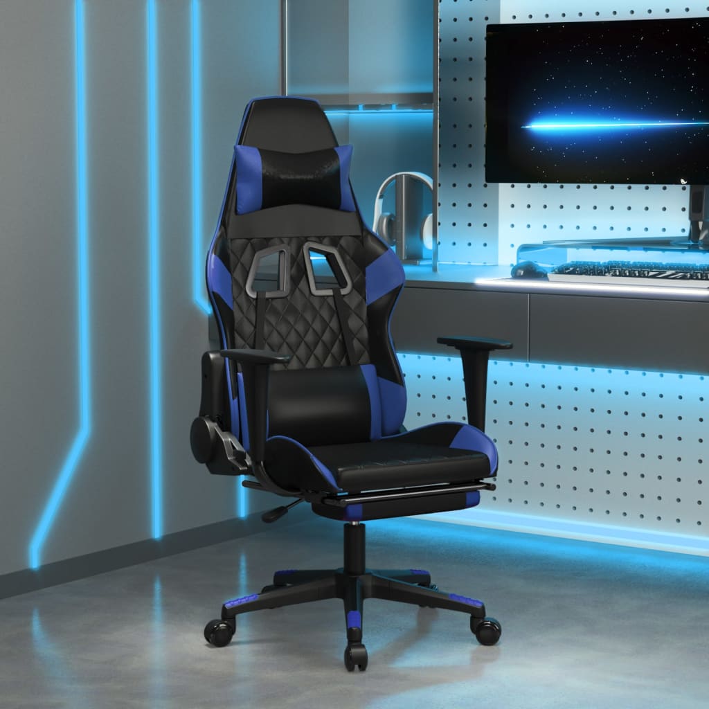 Καρέκλα Gaming Μασάζ Υποπόδιο Μαύρο & Μπλε από Συνθετικό Δέρμα