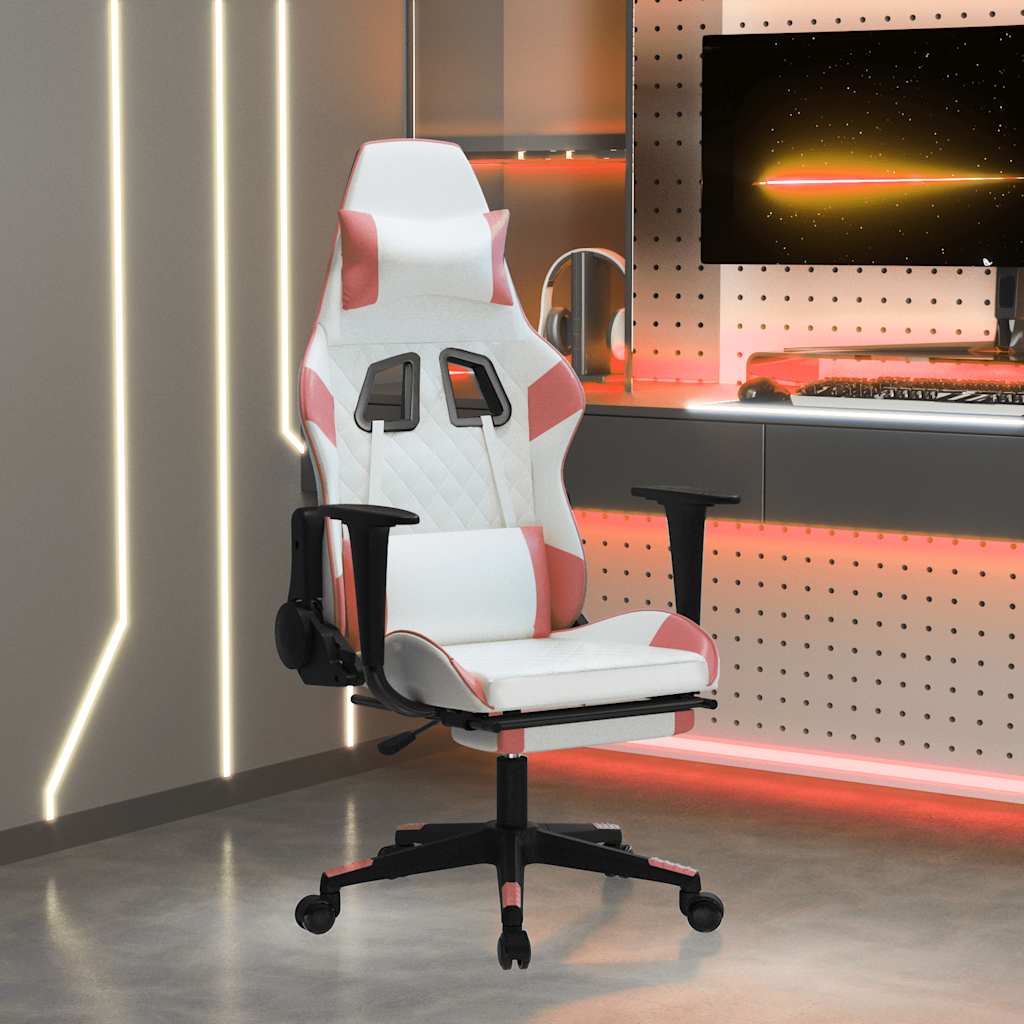 Καρέκλα Gaming Μασάζ Υποπόδιο Λευκό & Ροζ από Συνθετικό Δέρμα - Pakobazaar