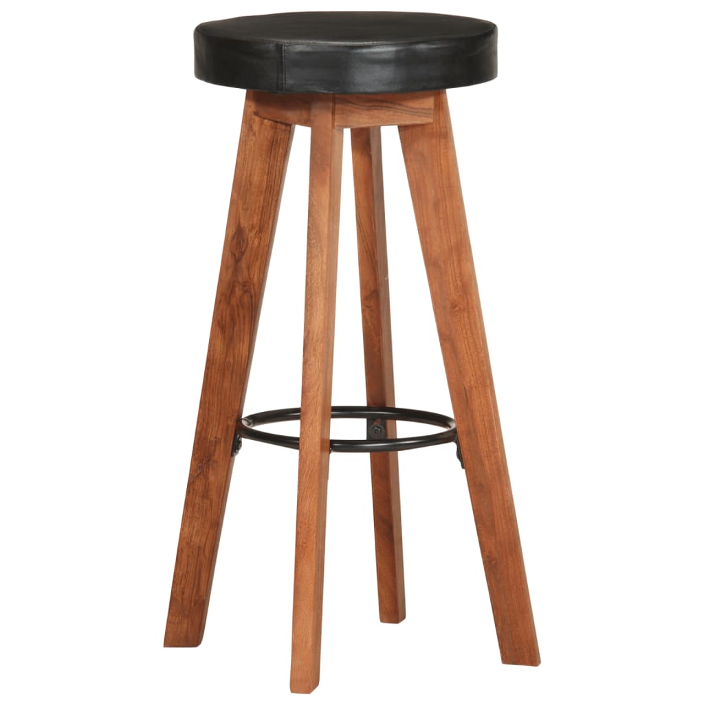 Σκαμπό Μπαρ 2 Τεμ. Γνήσιο Δέρμα και Μασίφ Ξύλο Ακακίας