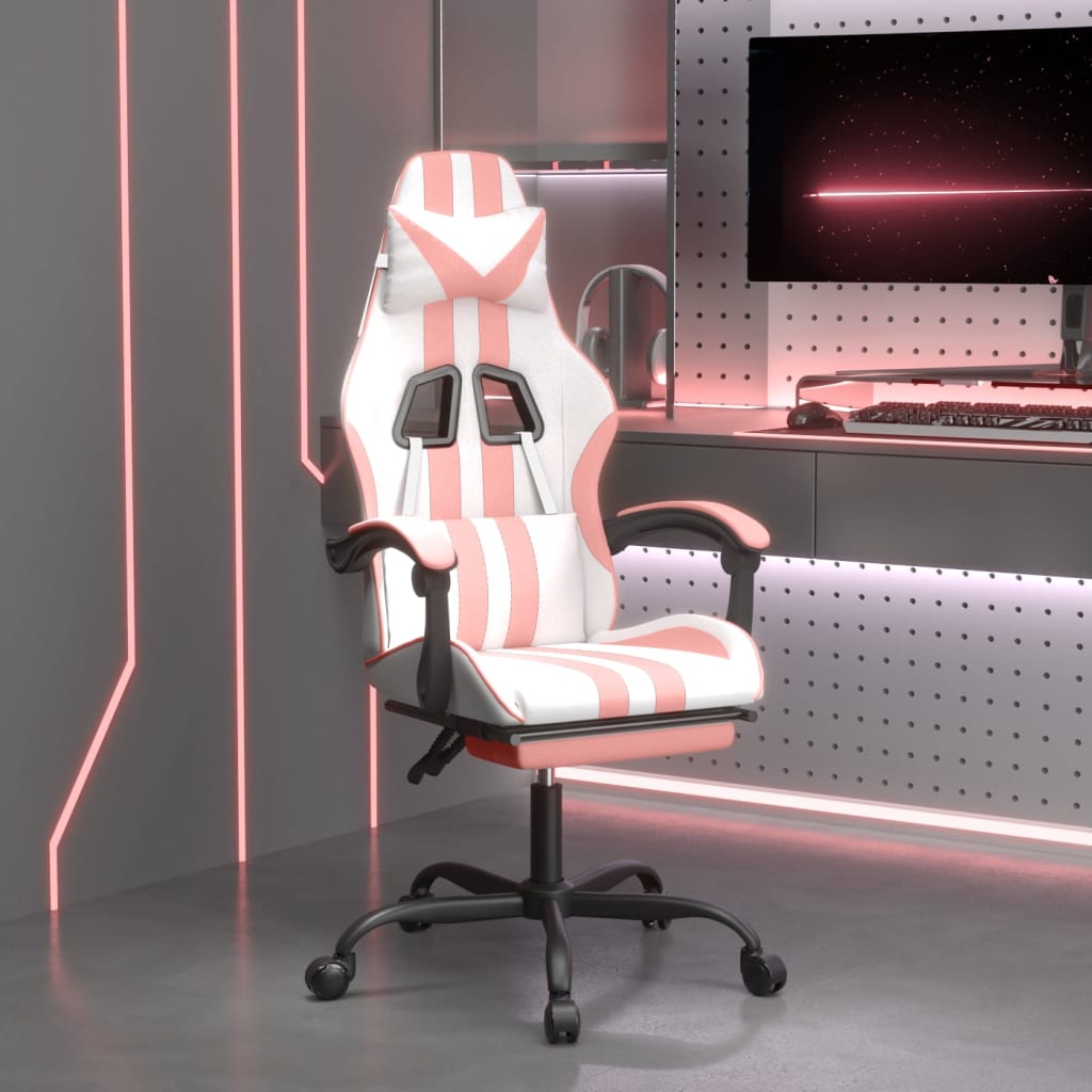Καρέκλα Gaming Περιστεφόμενη Υποπόδιο Λευκή & Ροζ Συνθ. Δέρμα