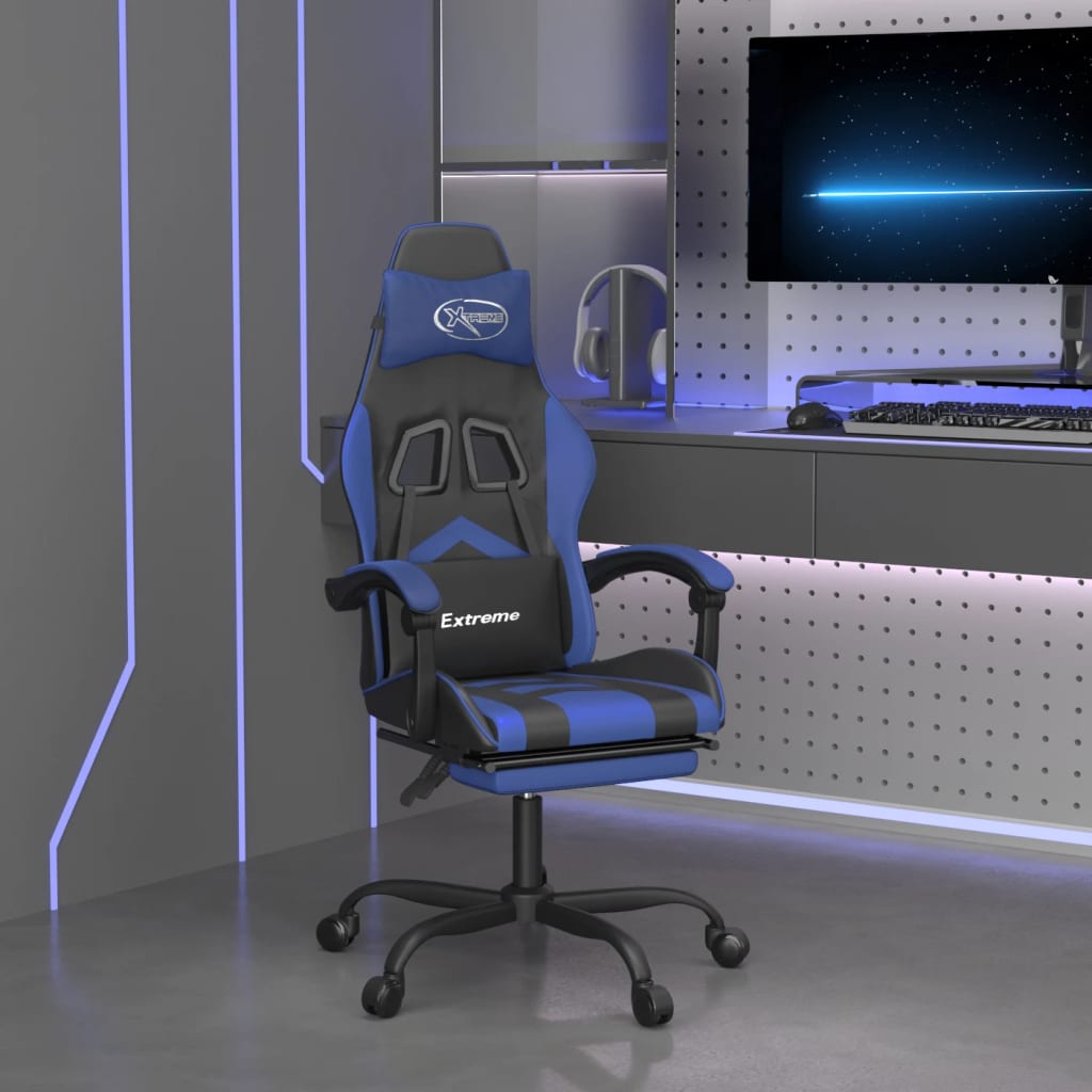 Καρέκλα Gaming Περιστρ. Υποπόδιο Μαύρο & Μπλε Συνθετικό Δέρμα - Pakobazaar