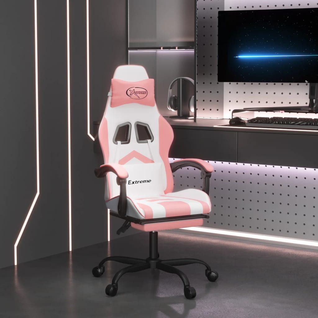 Καρέκλα Gaming Περιστεφόμενη Υποπόδιο Λευκή & Ροζ Συνθ. Δέρμα