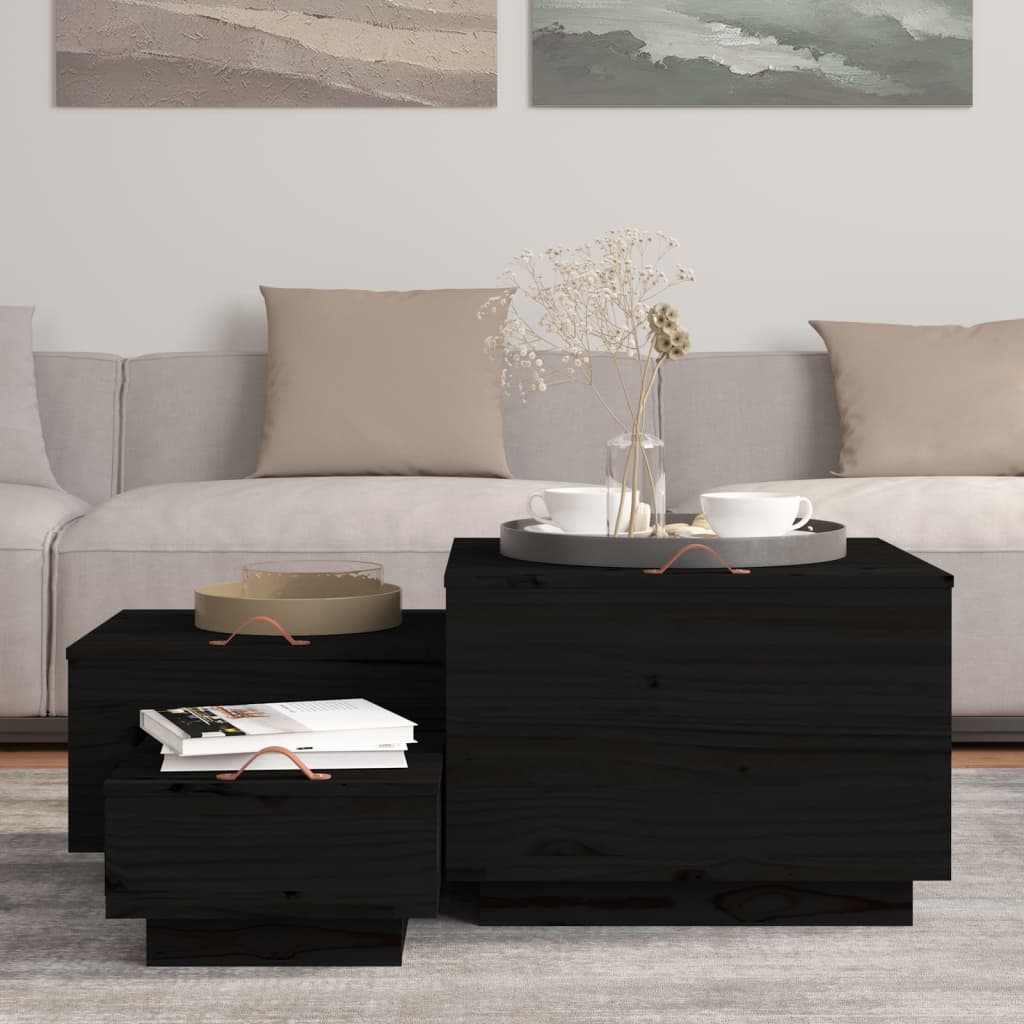 Κουτιά Αποθήκευσης με Καπάκια 3 τεμ.Μαύρο από άσπρο Ξύλο Πεύκου