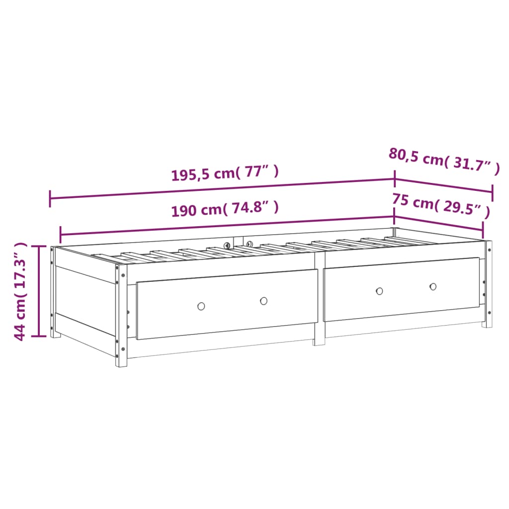 Κρεβάτι LED Μαύρο 75x190 εκ Μασίφ Ξύλο Πεύκου Small Single