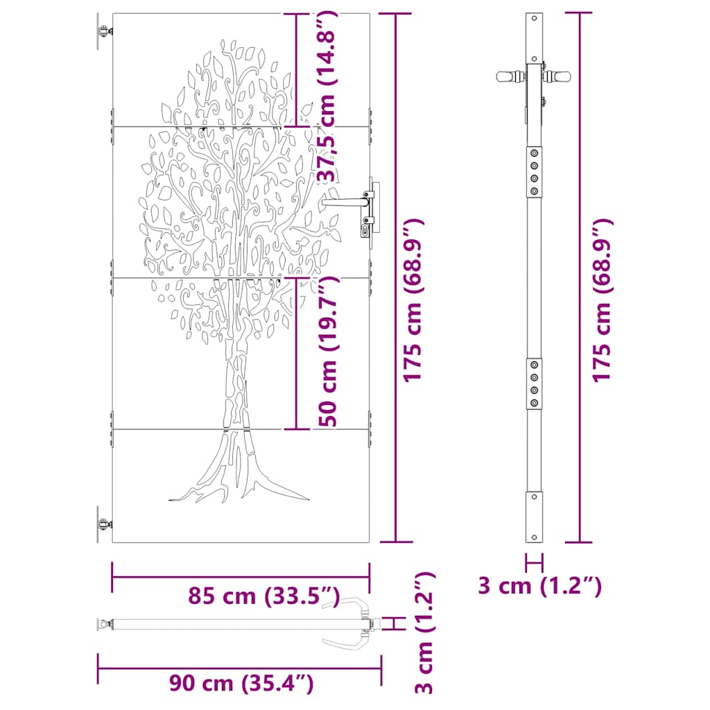 Πόρτα Κήπου με Σχέδιο Δέντρου από Ατσάλι Corten 85x175 εκ. - Pakobazaar