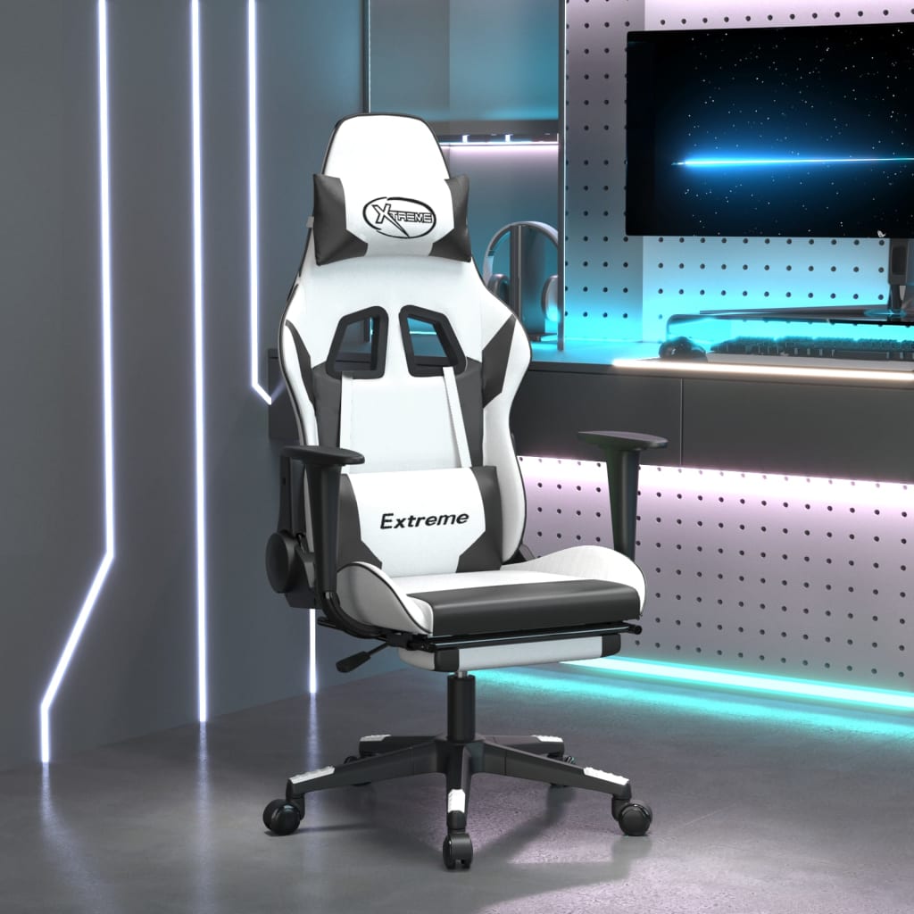 Καρέκλα Gaming με Υποπόδιο Λευκό και Μαύρο από Συνθετικό Δέρμα