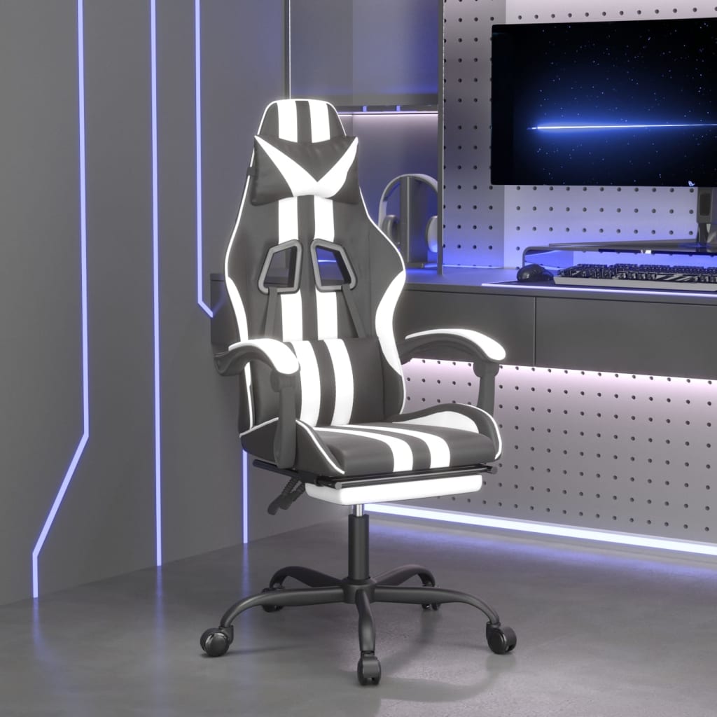 Καρέκλα Gaming Μασάζ Υποπόδιο Μαύρο/Λευκό από Συνθετικό Δέρμα