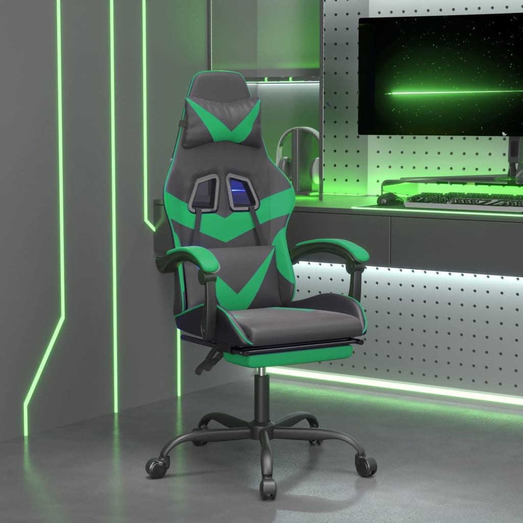 Καρέκλα Gaming Μασάζ Υποπόδιο Μαύρο/Πράσινο από Συνθετικό Δέρμα