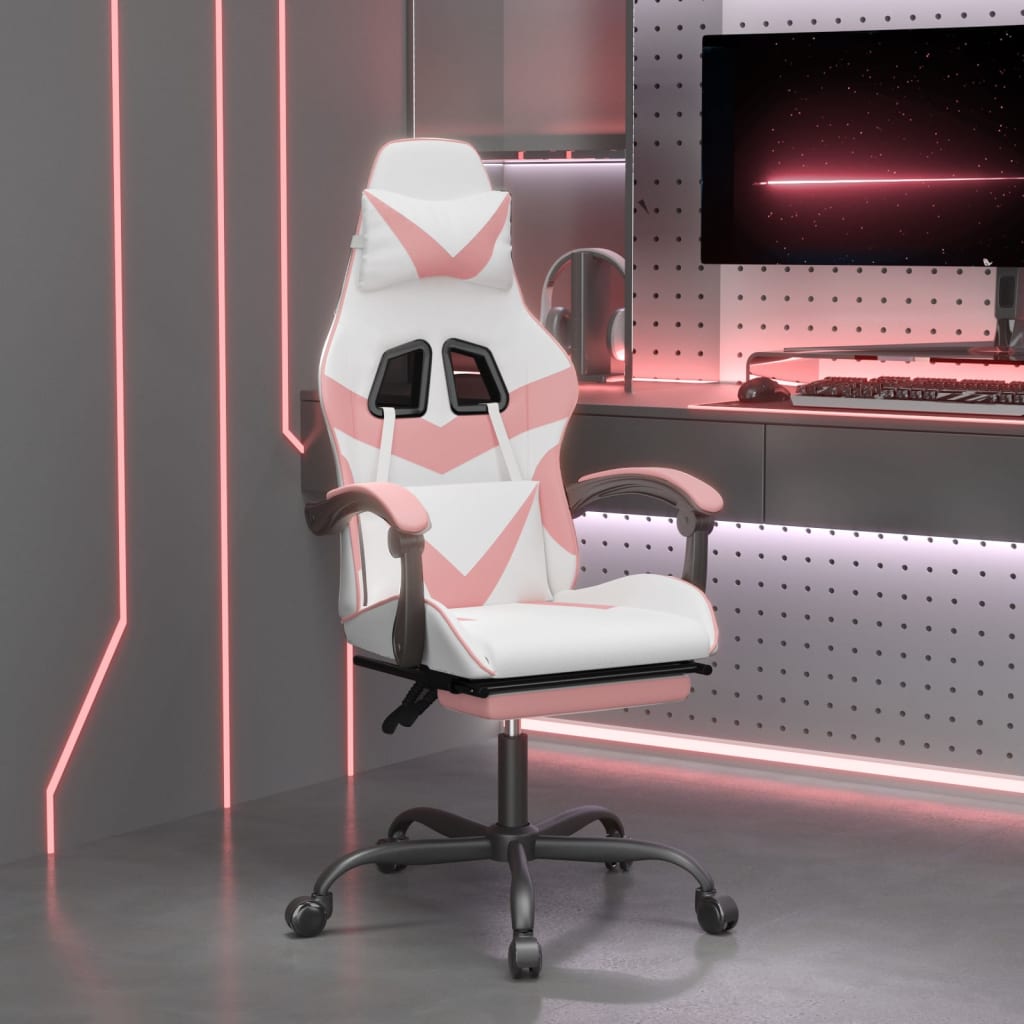 Καρέκλα Gaming με Υποπόδιο Λευκό και Ροζ από Συνθετικό Δέρμα