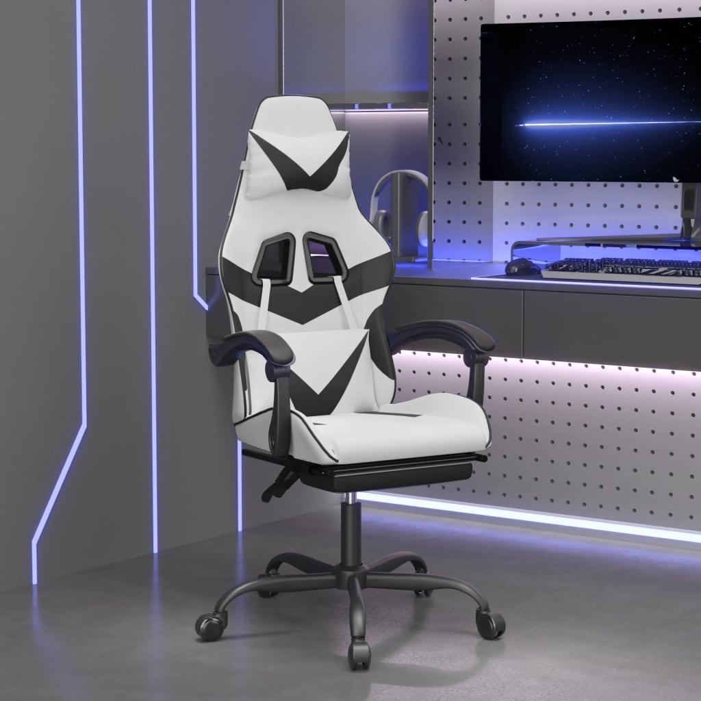 Καρέκλα Gaming με Υποπόδιο Λευκό και Μαύρο από Συνθετικό Δέρμα