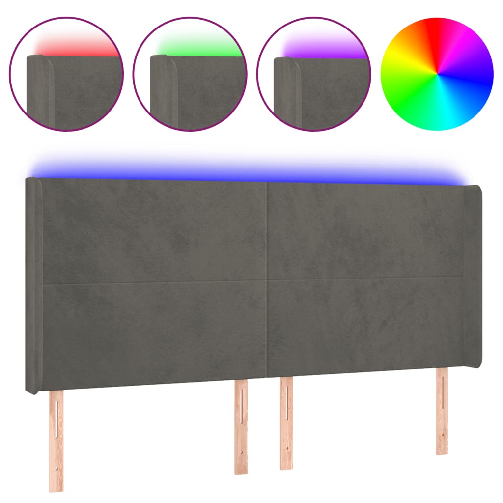 Κεφαλάρι Κρεβατιού LED Σκούρο Γκρι 163x16x118/128εκ. Βελούδινο