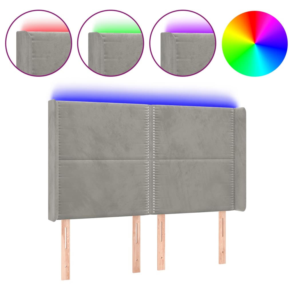 Κεφαλάρι Κρεβατιού LED Ανοιχτό Γκρι 147x16x118/128εκ. Βελούδινο