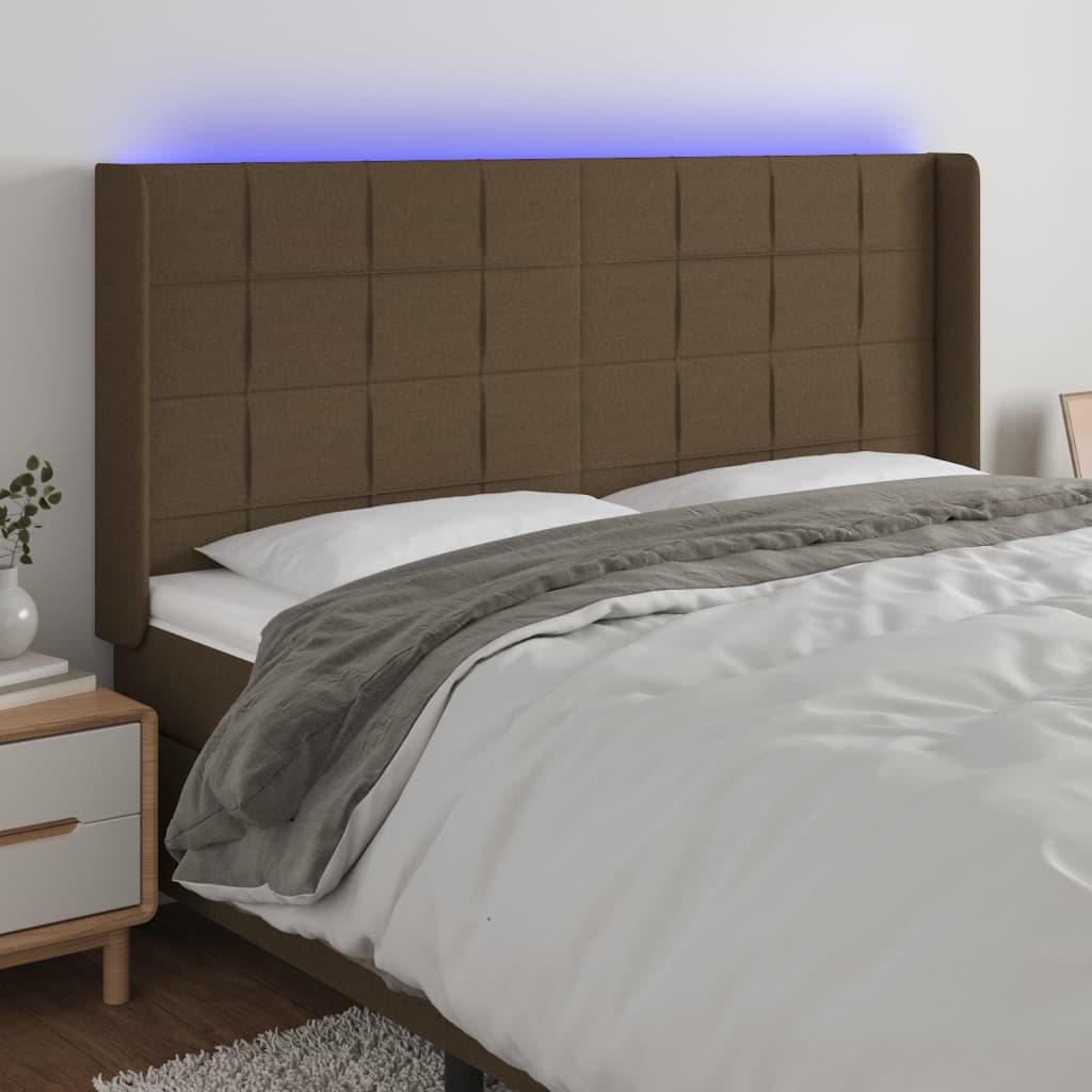Κεφαλάρι Κρεβατιού LED Σκούρο Καφέ 183x16x118/128εκ. Υφασμάτινο