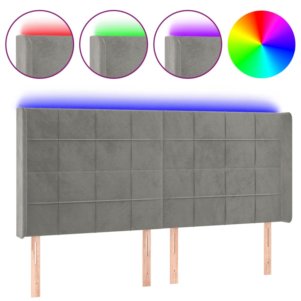 Κεφαλάρι Κρεβατιού LED Ανοιχτό Γκρι 163x16x118/128εκ. Βελούδινο