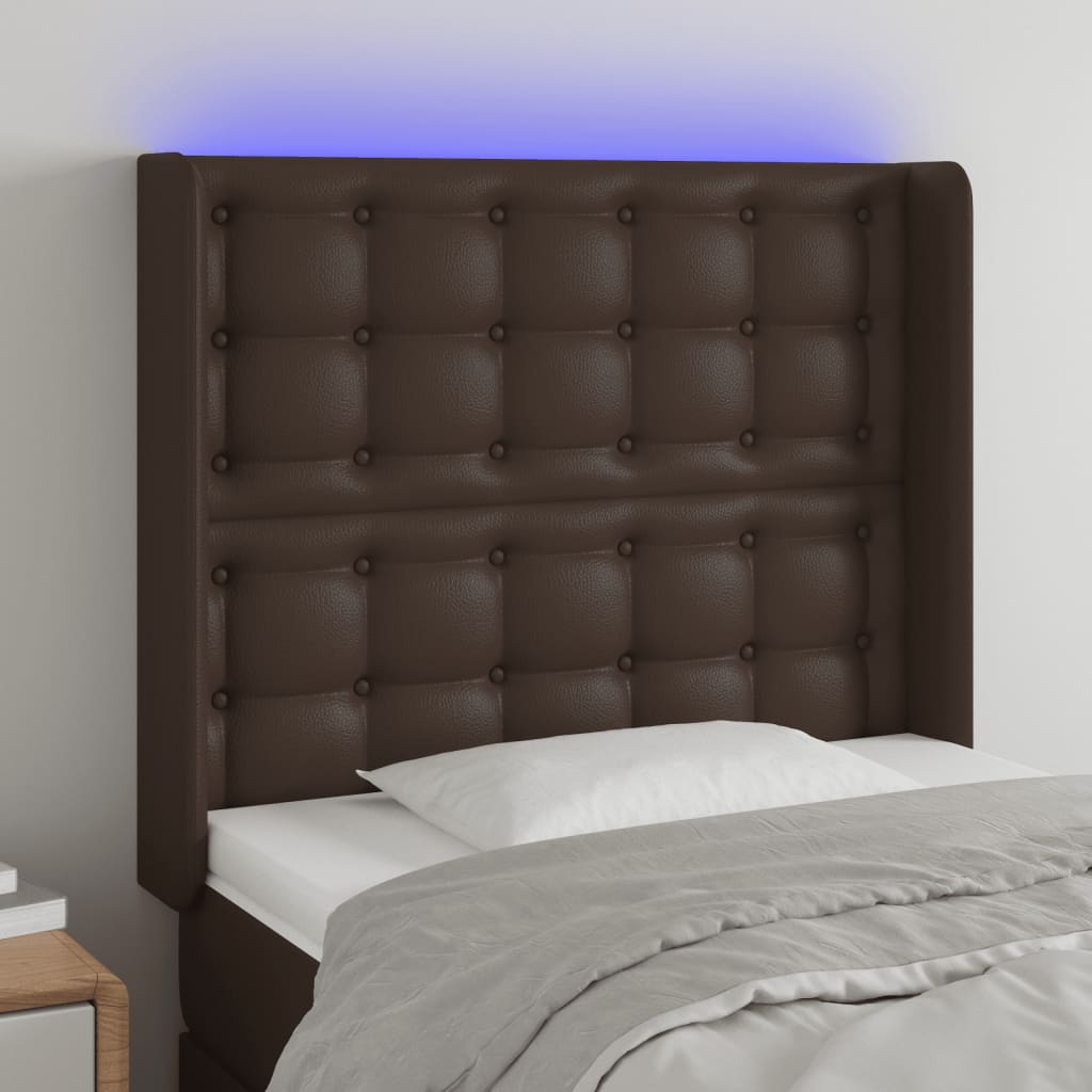 Κεφαλάρι Κρεβατιού LED Καφέ 93x16x118/128 εκ. Συνθετ. Δέρμα