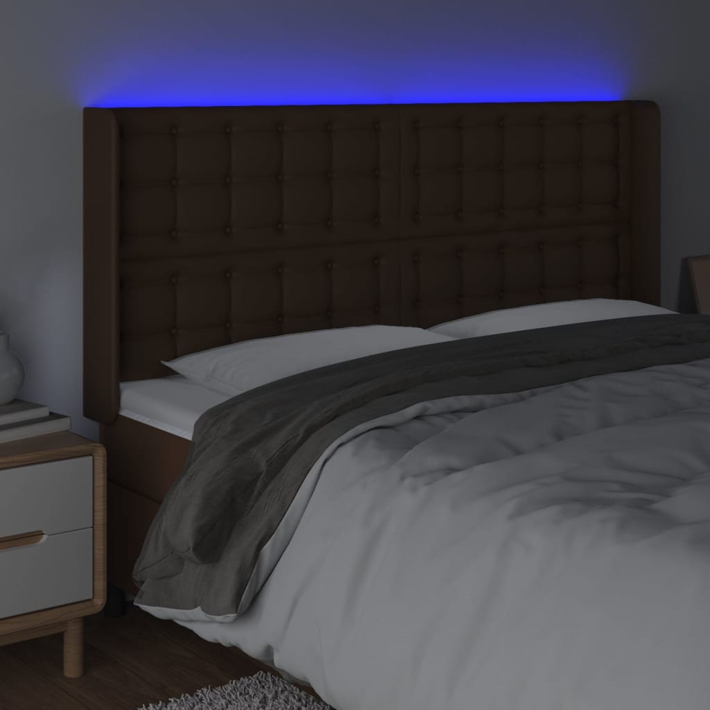 Κεφαλάρι Κρεβατιού LED Καφέ 147x16x118/128 εκ. Συνθετ. Δέρμα