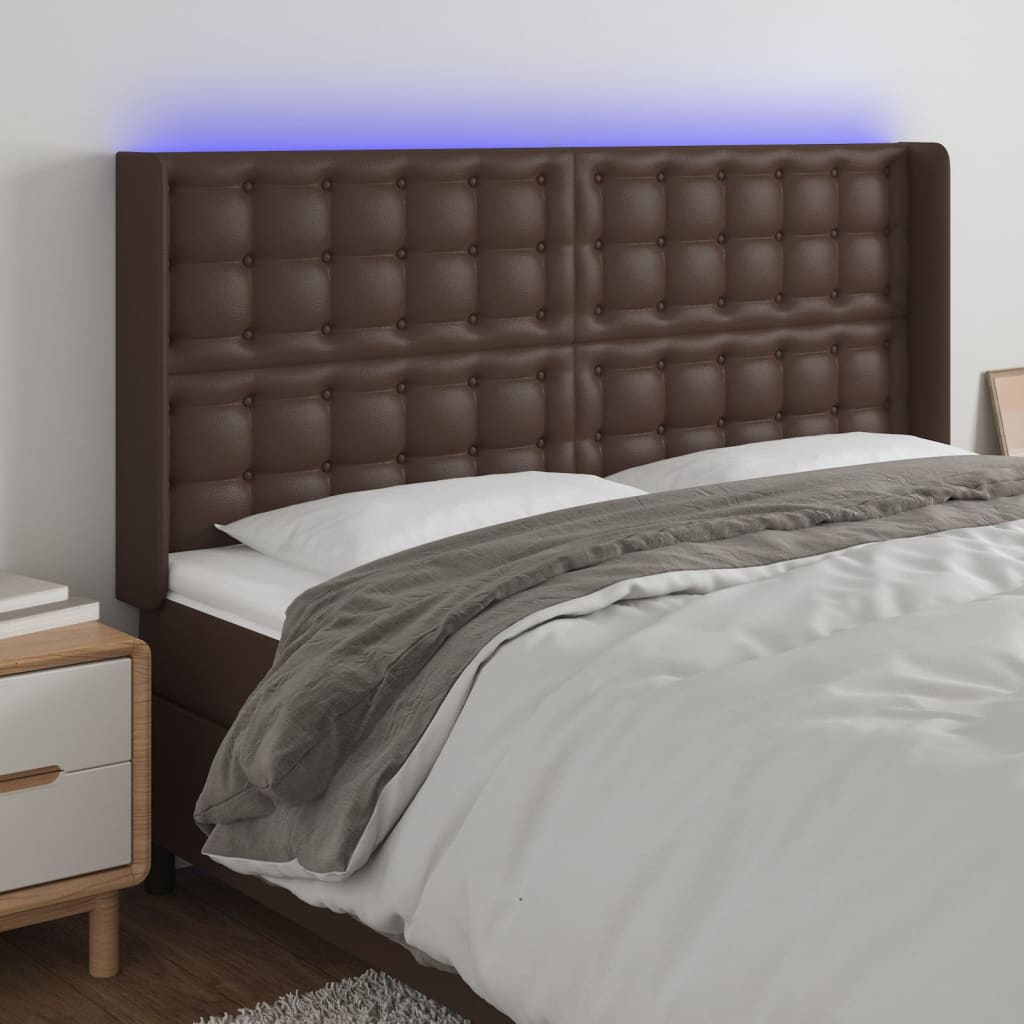 Κεφαλάρι Κρεβατιού LED Καφέ 147x16x118/128 εκ. Συνθετ. Δέρμα