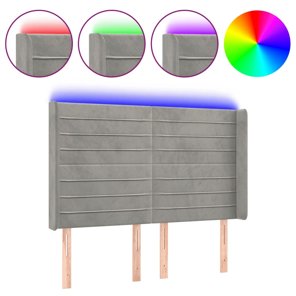 Κεφαλάρι Κρεβατιού LED Ανοιχτό Γκρι 147x16x118/128εκ. Βελούδινο