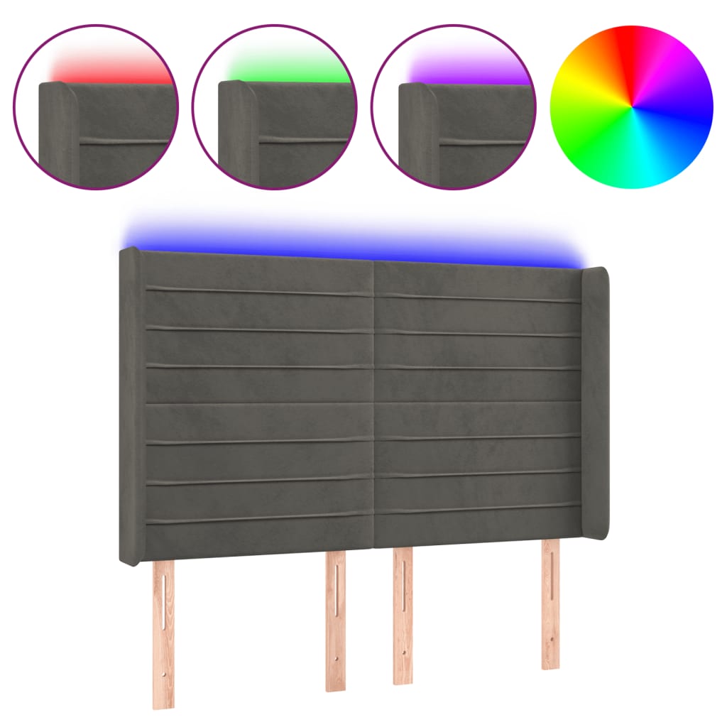 Κεφαλάρι Κρεβατιού LED Σκούρο Γκρι 147x16x118/128εκ. Βελούδινο