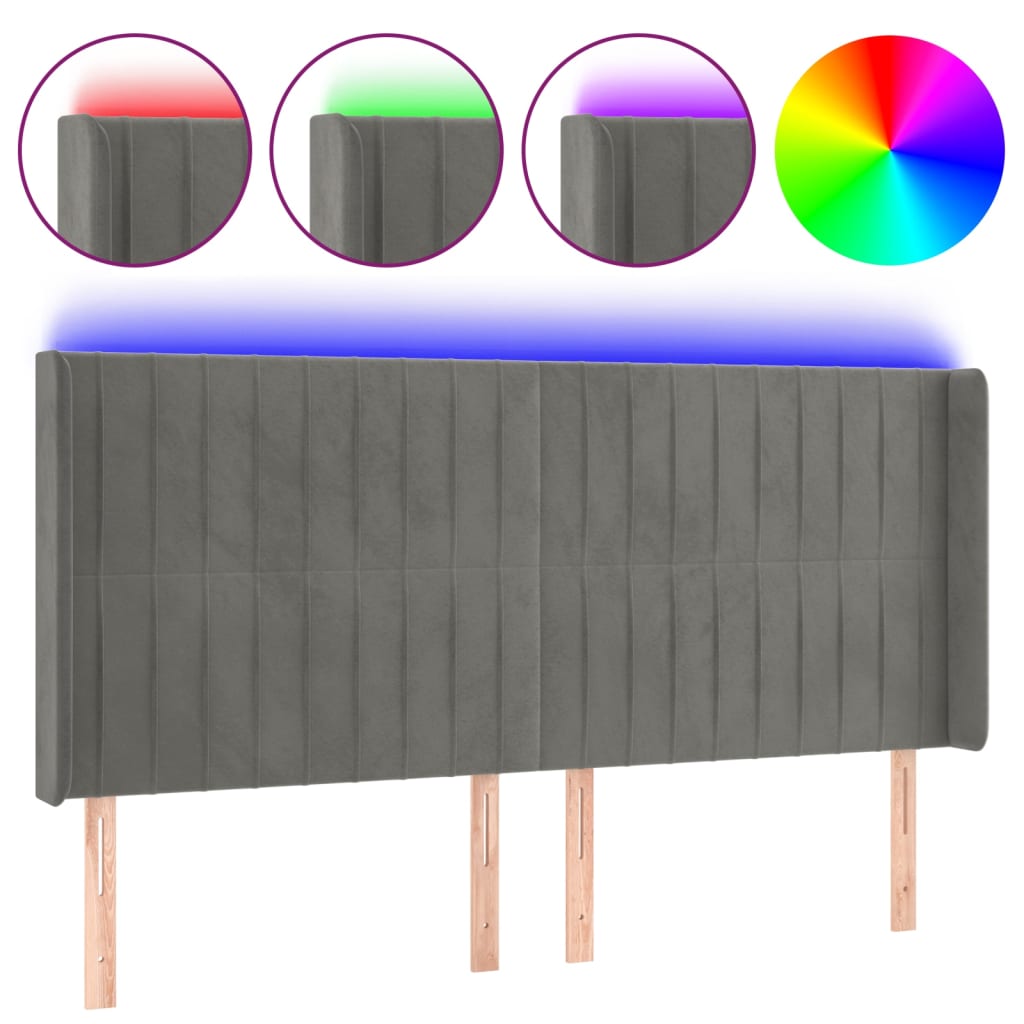 Κεφαλάρι Κρεβατιού LED Ανοιχτό Γκρι 163x16x118/128εκ. Βελούδινο