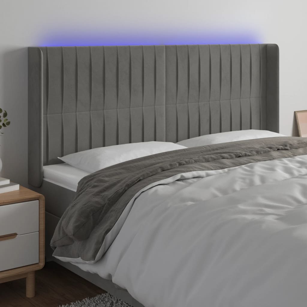 Κεφαλάρι Κρεβατιού LED Ανοιχτό Γκρι 163x16x118/128εκ. Βελούδινο