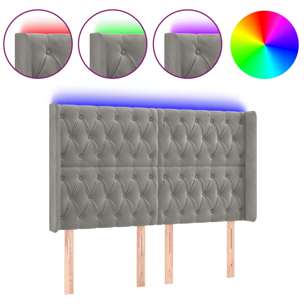 Κεφαλάρι Κρεβατιού LED Ανοιχτό Γκρι 163x16x118/128εκ. Βελούδινο