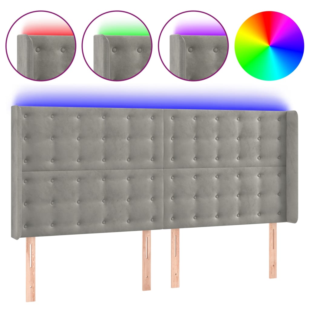 Κεφαλάρι Κρεβατιού LED Ανοιχτό Γκρι 163x16x118/128εκ. Βελούδινο