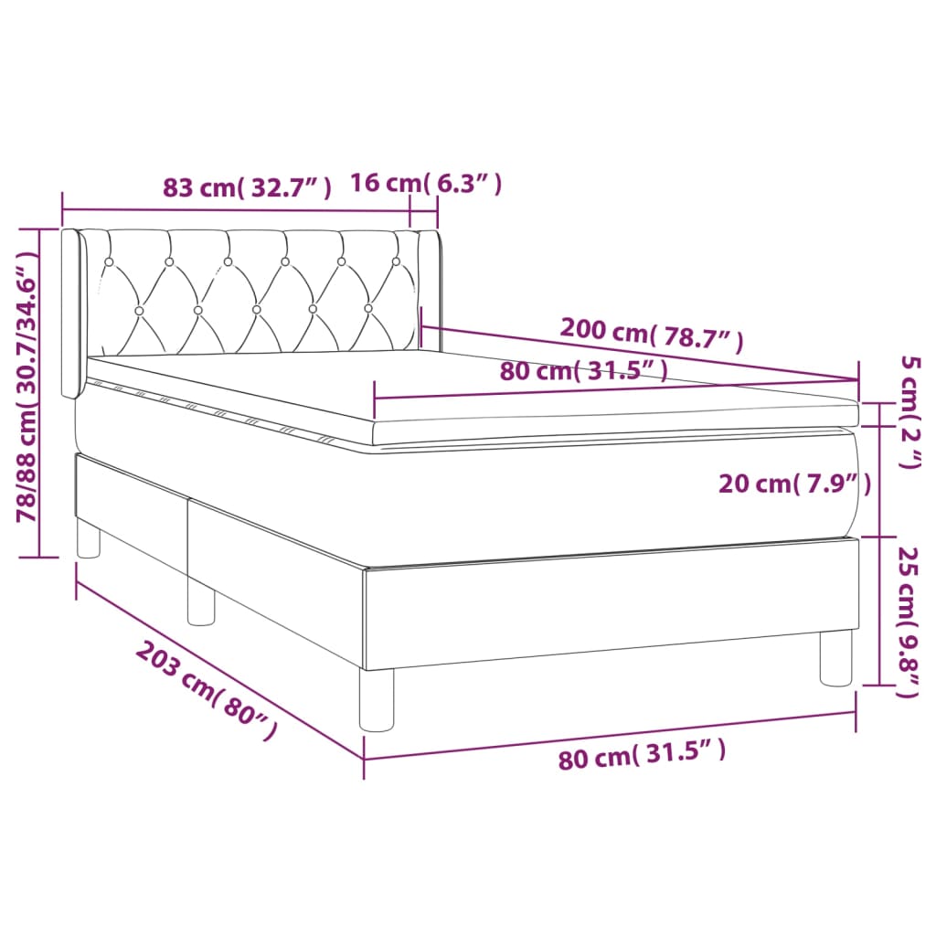 Κρεβάτι Boxspring με Στρώμα Σκούρο Γκρι 80x200 εκ. Υφασμάτινο - Pakobazaar