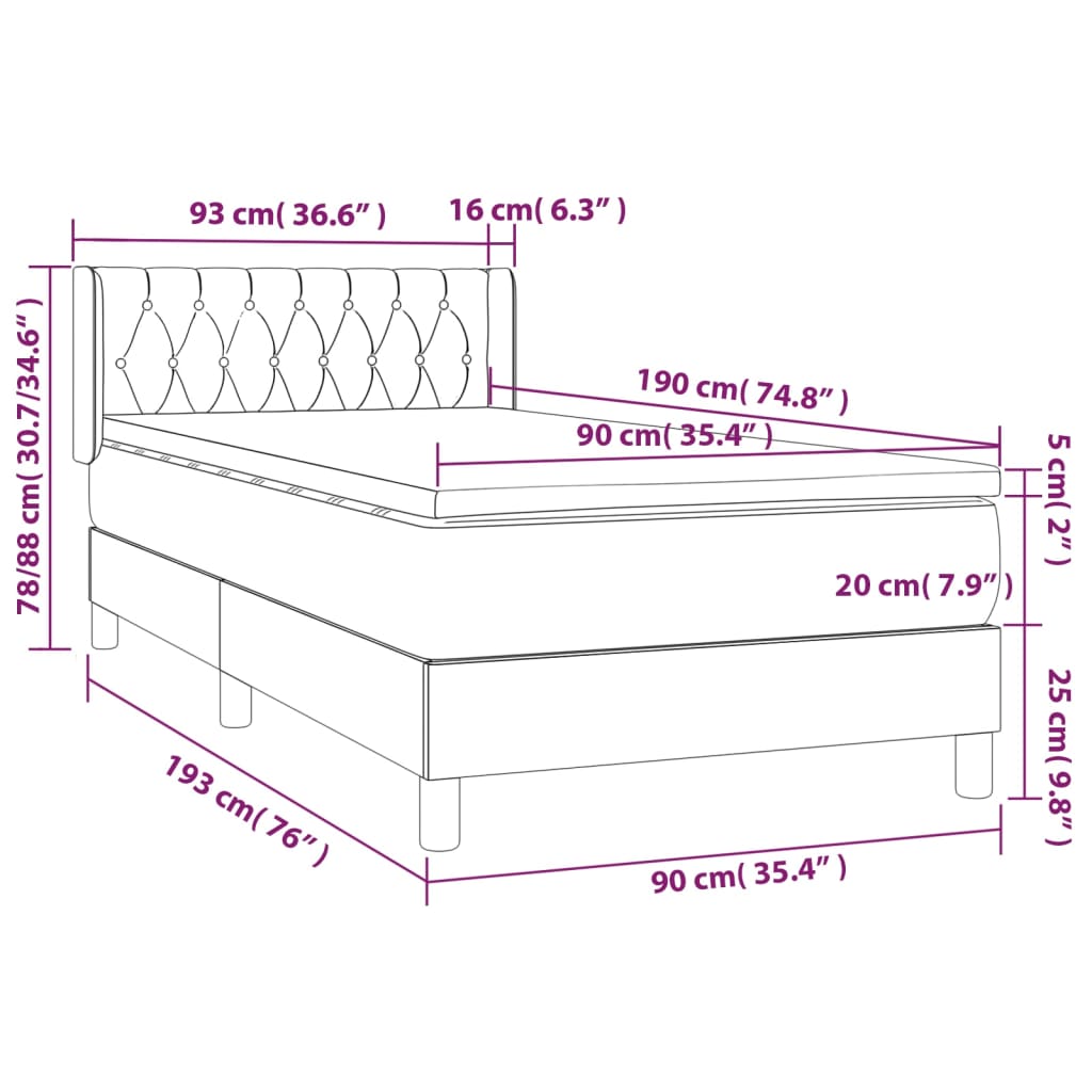 Κρεβάτι Boxspring με Στρώμα Μαύρο 90x190 εκ.Υφασμάτινο