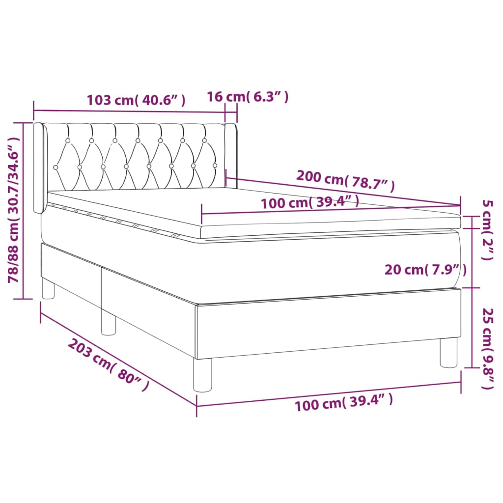 Κρεβάτι Boxspring με Στρώμα Σκούρο Γκρι 100x200 εκ. Υφασμάτινο