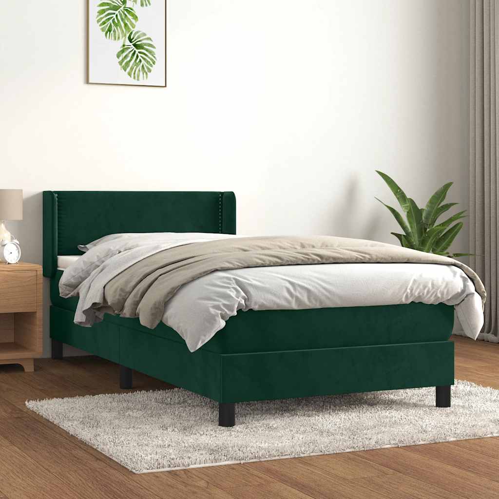 Κρεβάτι Boxspring με Στρώμα Σκούρο Πράσινο 90x200 εκ. Βελούδινο