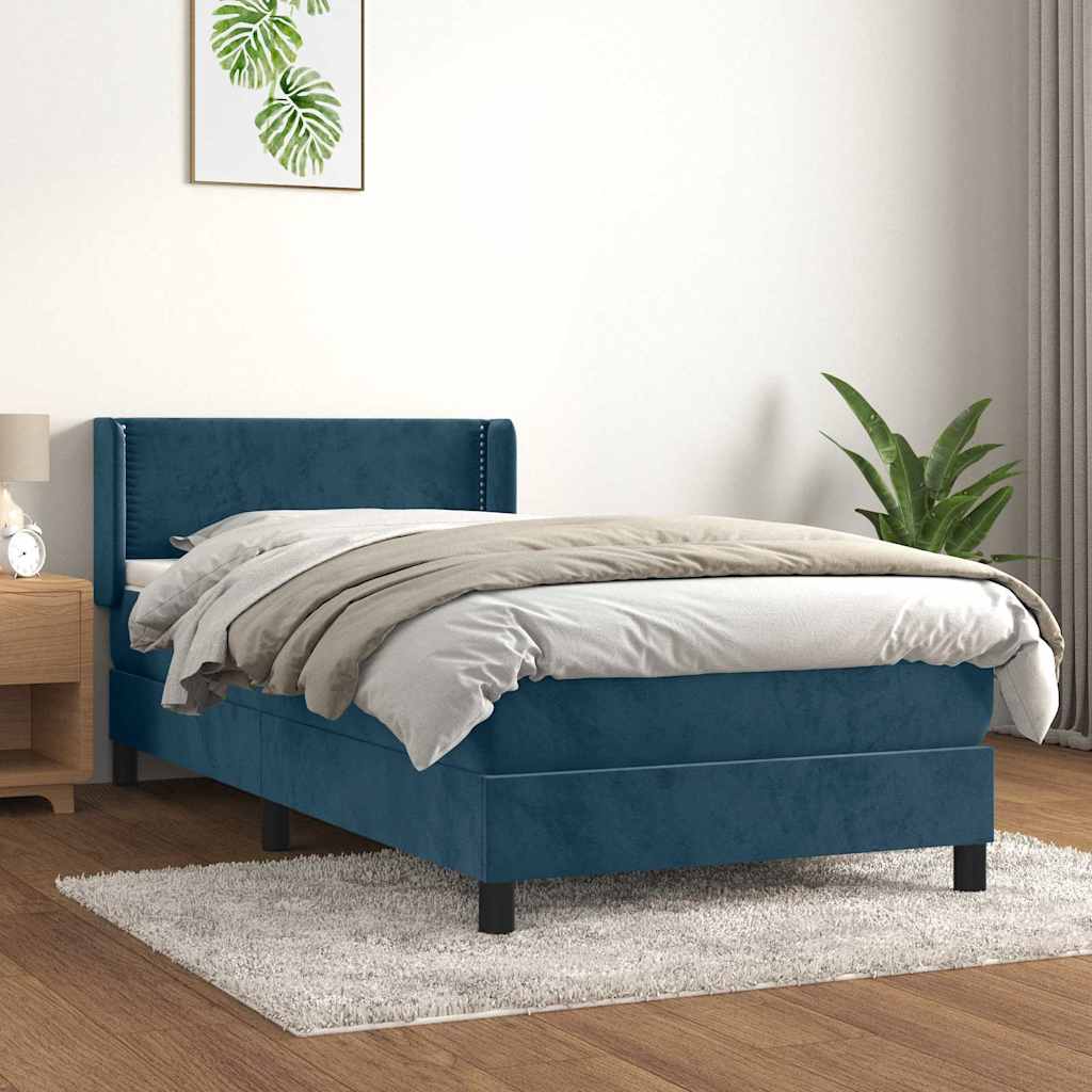 Κρεβάτι Boxspring με Στρώμα Σκούρο Μπλε 90x200 εκ. Βελούδινο - Pakobazaar