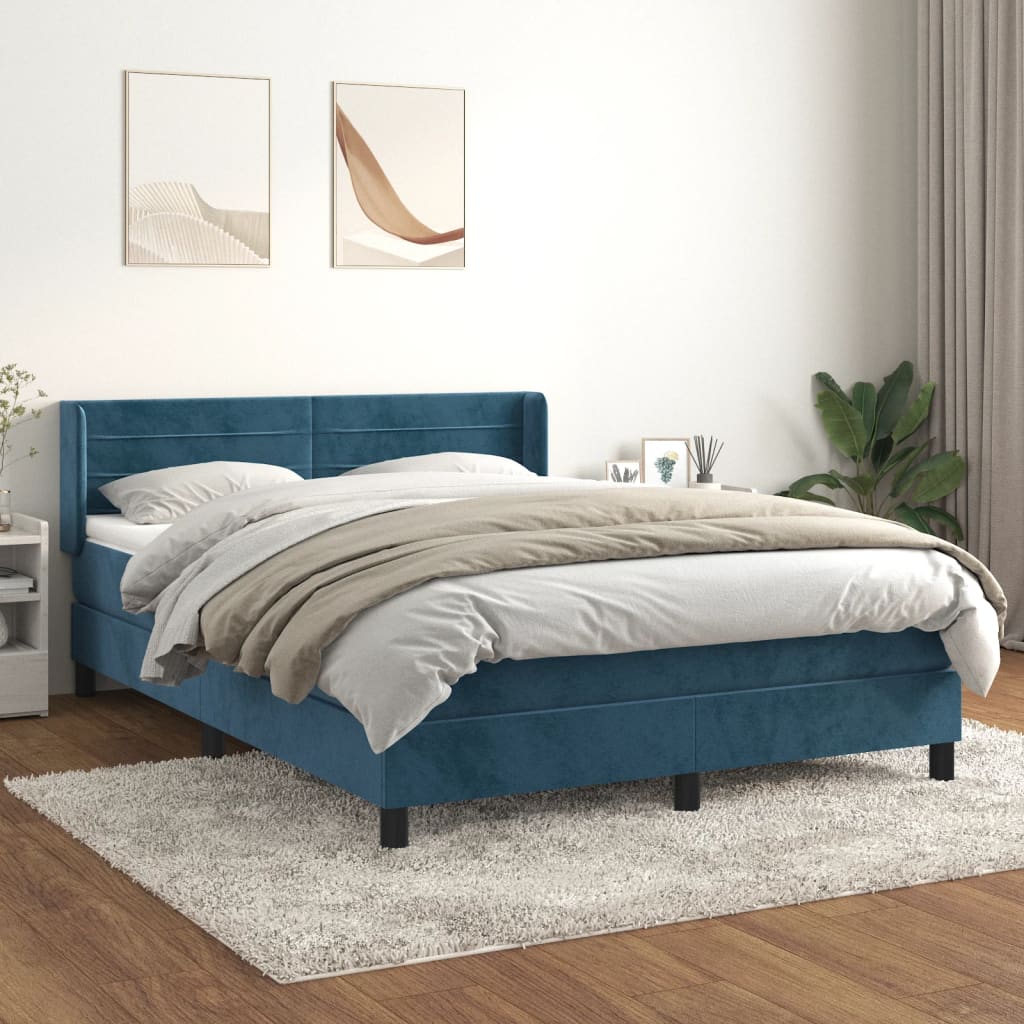 Κρεβάτι Boxspring με Στρώμα Σκούρο Μπλε 140x200 εκ. Βελούδινο - Pakobazaar