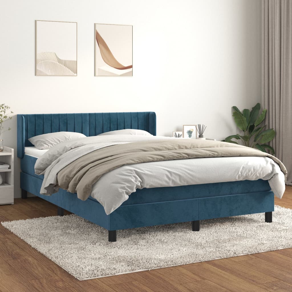 Κρεβάτι Boxspring με Στρώμα Σκούρο Μπλε 140x200 εκ. Βελούδινο - Pakobazaar