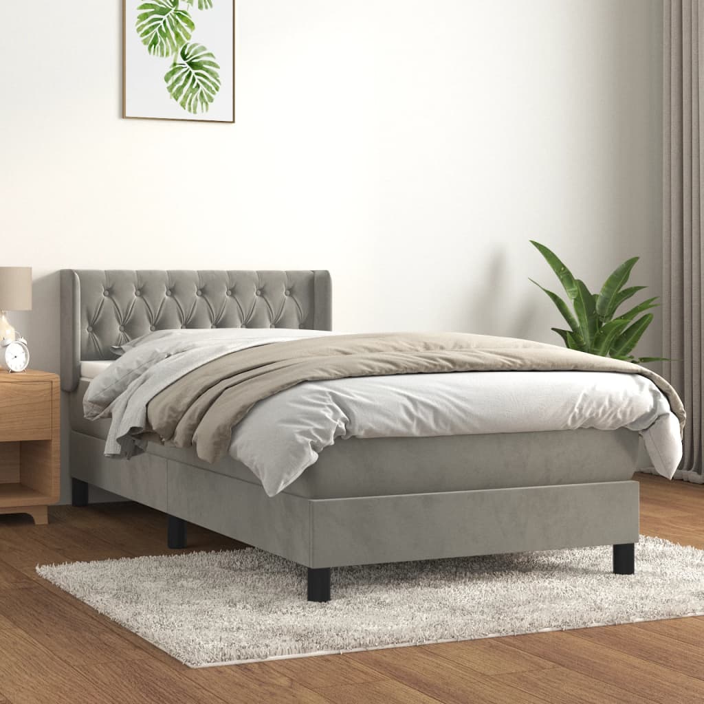 Κρεβάτι Boxspring με Στρώμα Ανοιχτό Γκρι 90x200 εκ. Βελούδινο - Pakobazaar