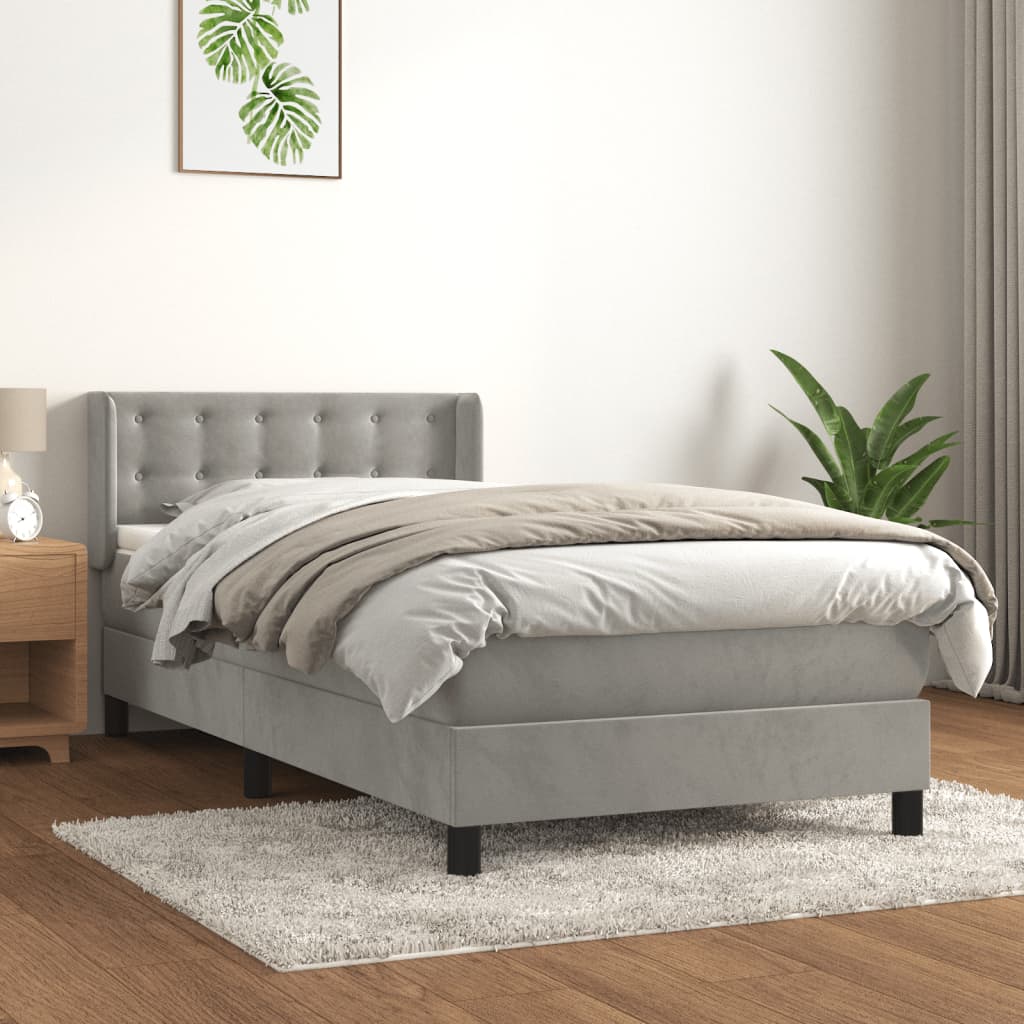 Κρεβάτι Boxspring με Στρώμα Ανοιχτό Γκρι 90x200 εκ. Βελούδινο - Pakobazaar