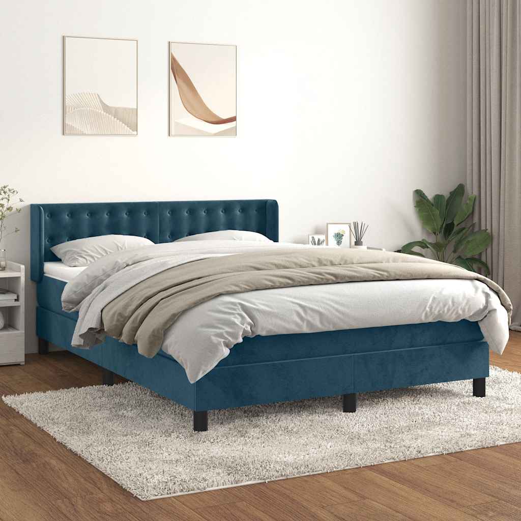 Κρεβάτι Boxspring με Στρώμα Σκούρο Μπλε 140x200 εκ. Βελούδινο - Pakobazaar