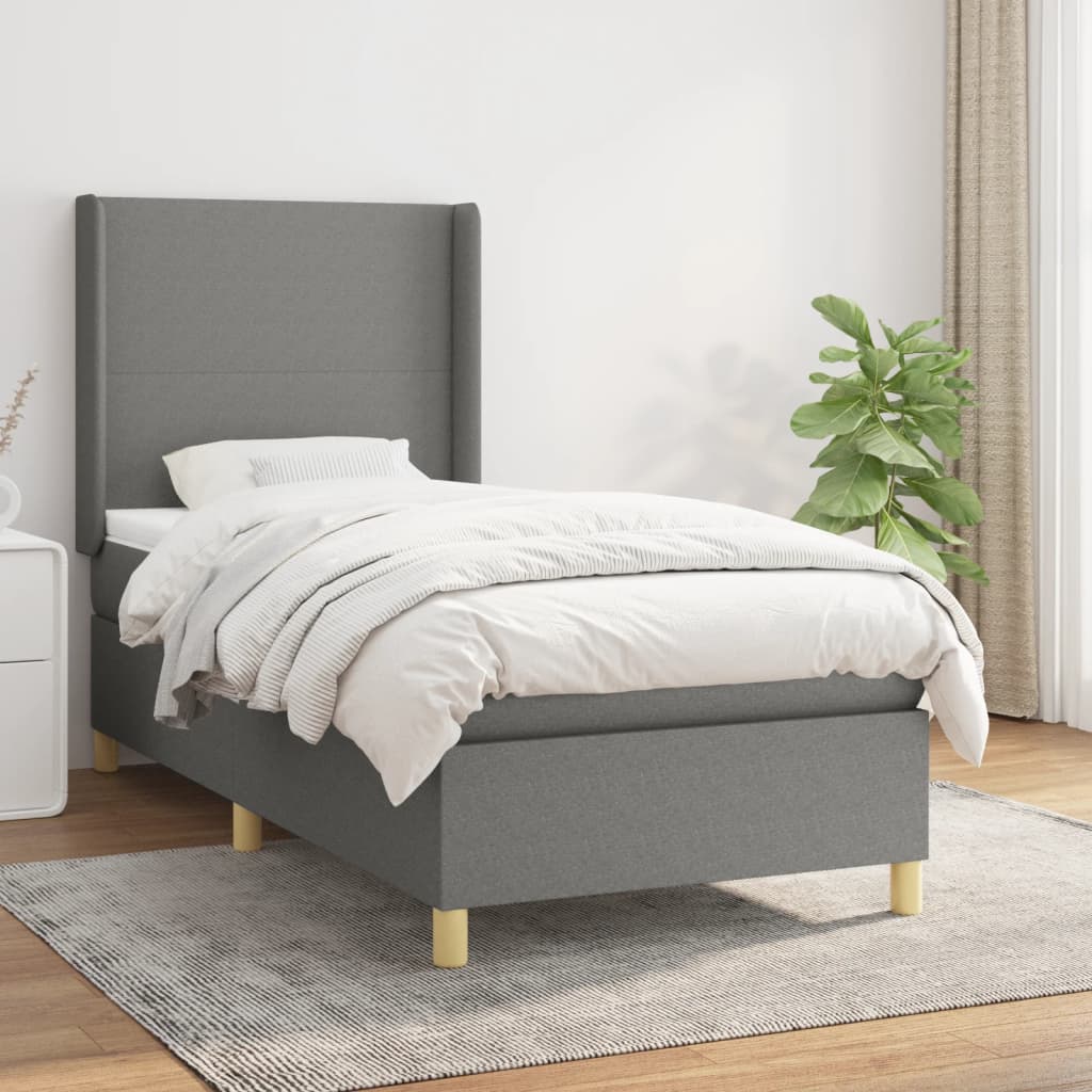 Κρεβάτι Boxspring με Στρώμα Σκούρο Γκρι 90x190 εκ. Υφασμάτινο - Pakobazaar