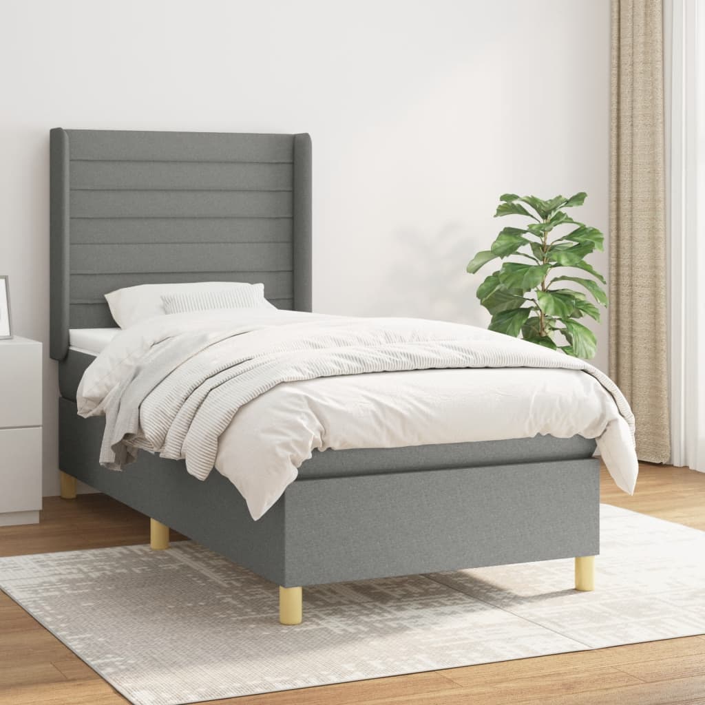 Κρεβάτι Boxspring με Στρώμα Σκούρο Γκρι 90x190 εκ. Υφασμάτινο - Pakobazaar
