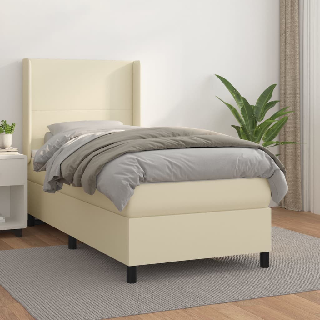 Κρεβάτι Boxspring με Στρώμα Κρεμ 90x190 εκ. από Συνθετικό Δέρμα - Pakobazaar